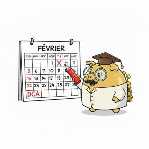Illustration du Professeur Tirelab cochant son calendrier pour un investissement programmé (DCA) en 2026"