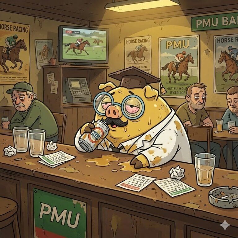 Illustration satirique pour le blog Tirelirelab.fr sur le biais de disposition en finance. L'image montre un cochon anthropomorphe, symbole de l'épargnant, portant une toque de diplômé, des lunettes et une blouse blanche sale, complètement ivre et avachi sur le comptoir d'un PMU miteux. Il boit une canette de bière bon marché. Des tickets de paris perdants et des canettes vides jonchent le bar. Autour de lui, des parieurs dépressifs regardent des courses de chevaux à la télévision. La scène illustre avec humour l'état psychologique d'un investisseur bagholder qui refuse de vendre ses actifs en perte, préférant rester dans le déni et attendre un miracle, comme un parieur qui reste au bar jusqu'à la fermeture pour refaire ses pertes.
