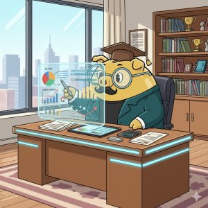 Illustration fintech du Professeur Tirelire analysant un bilan patrimonial gratuit sur des écrans holographiques avec graphiques de performance.