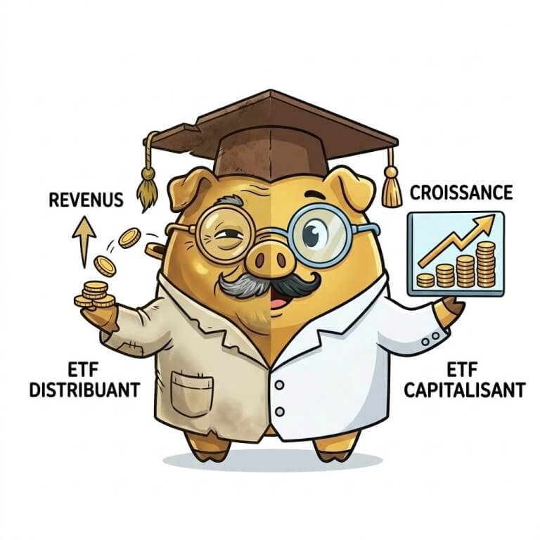 Illustration comparative entre ETF Capitalisant et ETF Distribuant avec la mascotte Tirelirelab représentée en version jeune (croissance) et version âgée (revenus).