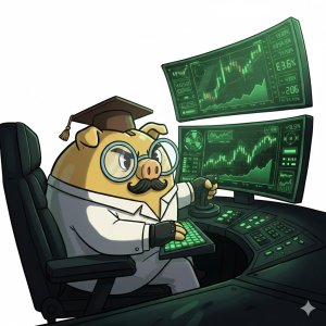 Professeur Tirelire aux commandes de son cockpit de trading haute précision analysant des graphiques boursiers sur fond blanc.
