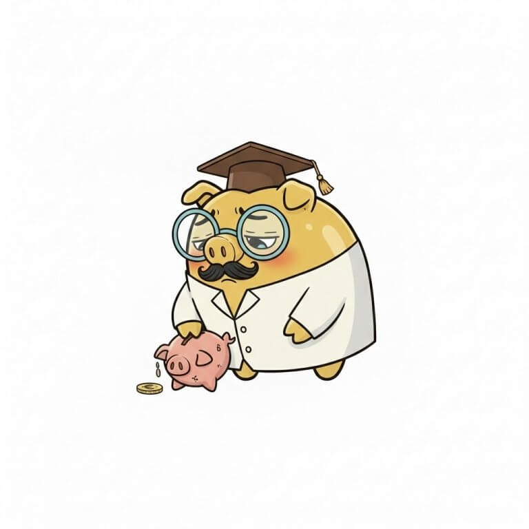 Cette image illustre le concept de honte financière à travers le personnage du Prof Tirelire. On y voit un cochon anthropomorphe, symbole de l'épargne, vêtu d'un costume sombre et d'un mortier d'étudiant, exprimant un profond sentiment de culpabilité et d'échec. Les joues rouges et le regard fuyant, il manipule une tirelire vide dont ne tombent que quelques pièces de faible valeur.