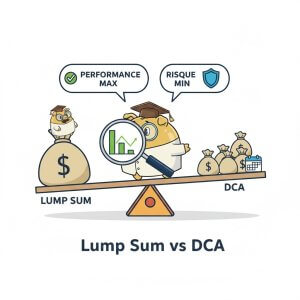Illustration Professeur Tirelire comparant Lump Sum vs DCA sur une balance : performance maximale vs risque minimum.