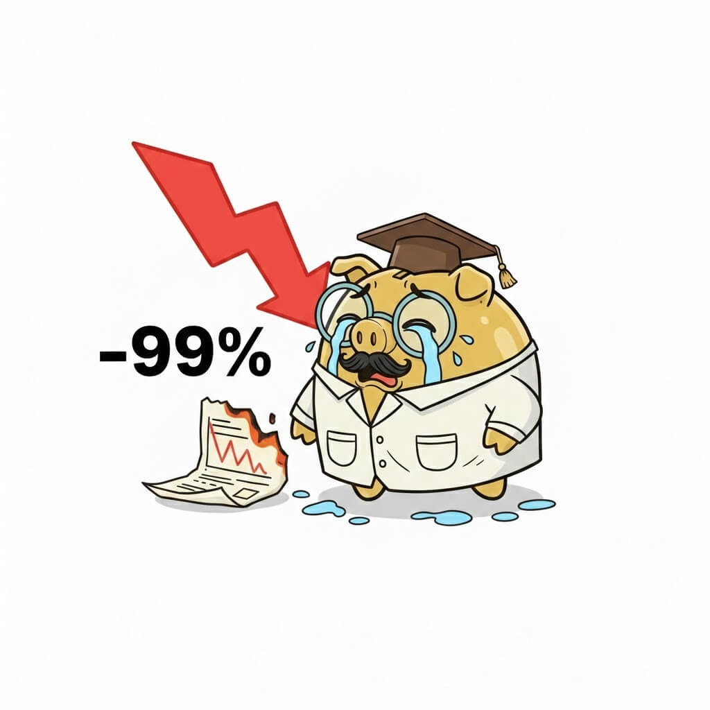 Illustration Professeur Tirelire pleurant devant un graphique boursier en chute libre de -99% à cause de la dilution OCABSA