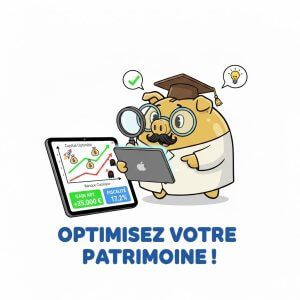 Illustration Professeur Tirelire utilisant un optimiseur de patrimoine pour comparer capital net, fiscalité à 17,2% et frais bancaires."