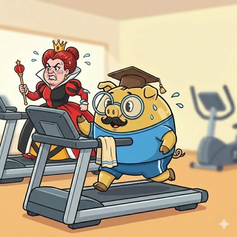 Illustration du Prof Tirelire et de la Reine Rouge sprintant sur des tapis de course. Cette image symbolise la course aux armements de l'IA en 2026, où des géants comme Amazon, Microsoft et Google doivent investir 650 milliards de dollars simplement pour maintenir leur position dominante et éviter l'obsolescence.
