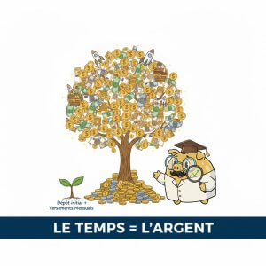 Illustration du Professeur Tirelire montrant la croissance exponentielle d'un arbre à billets et pièces d'or grâce aux intérêts composés