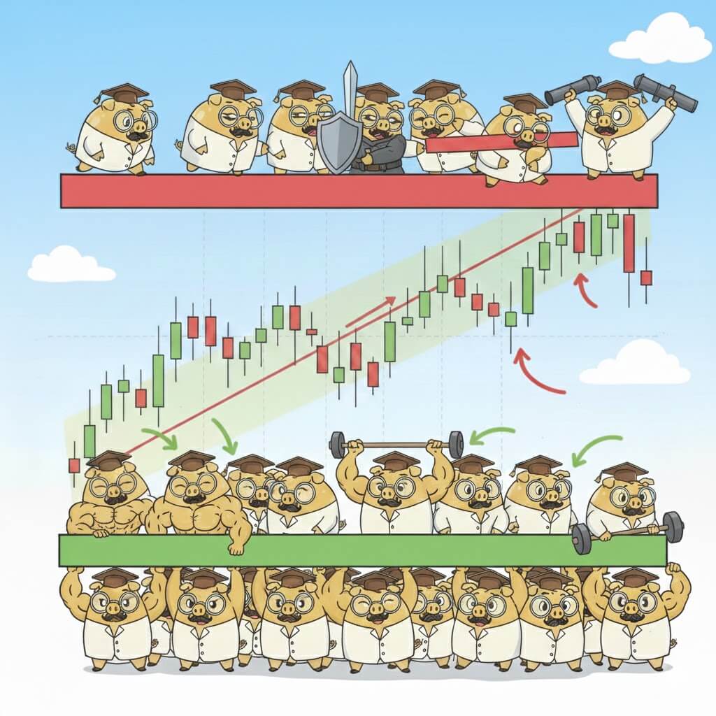 Illustration ludique du Prof Tirelire montrant un graphique boursier en "range". En haut, une zone de résistance rouge est défendue par des Profs Tirelires armés (vendeurs). En bas, une zone de support verte est soutenue par des Profs Tirelires musclés (acheteurs).
