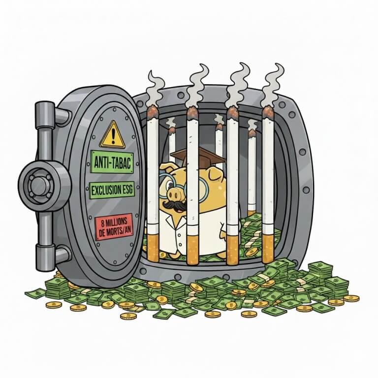 Illustration du Prof Tirelire, une tirelire dorée en blouse de scientifique, emprisonnée dans un coffre-fort dont les barreaux sont des cigarettes géantes. Des sacs de billets et des panneaux "6-7% rendement" contrastent avec des avertissements sur l'exclusion ESG et les risques du tabac. Allégorie de la prison dorée des investissements dans le tabac en 2026