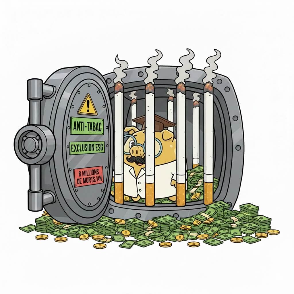 Illustration du Prof Tirelire, une tirelire dorée en blouse de scientifique, emprisonnée dans un coffre-fort dont les barreaux sont des cigarettes géantes. Des sacs de billets et des panneaux "6-7% rendement" contrastent avec des avertissements sur l'exclusion ESG et les risques du tabac. Allégorie de la prison dorée des investissements dans le tabac en 2026