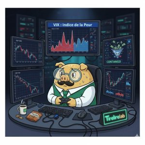 Illustration d'un trader représenté par une tirelire cochon stressée devant des écrans affichant l'explosion de l'indice VIX et le danger du Contango.