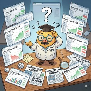 Illustration d'un professeur "tirelire cochon" confus devant plusieurs écrans de données financières et graphiques d'ETF, symbolisant la difficulté de choisir le bon investissement