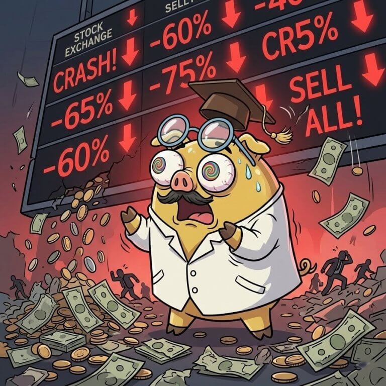 llustration du Professeur Tirelire en panique face à un krach boursier historique, avec un écran affichant des chutes de cours de -75% et des billets de banque qui s'envolent.